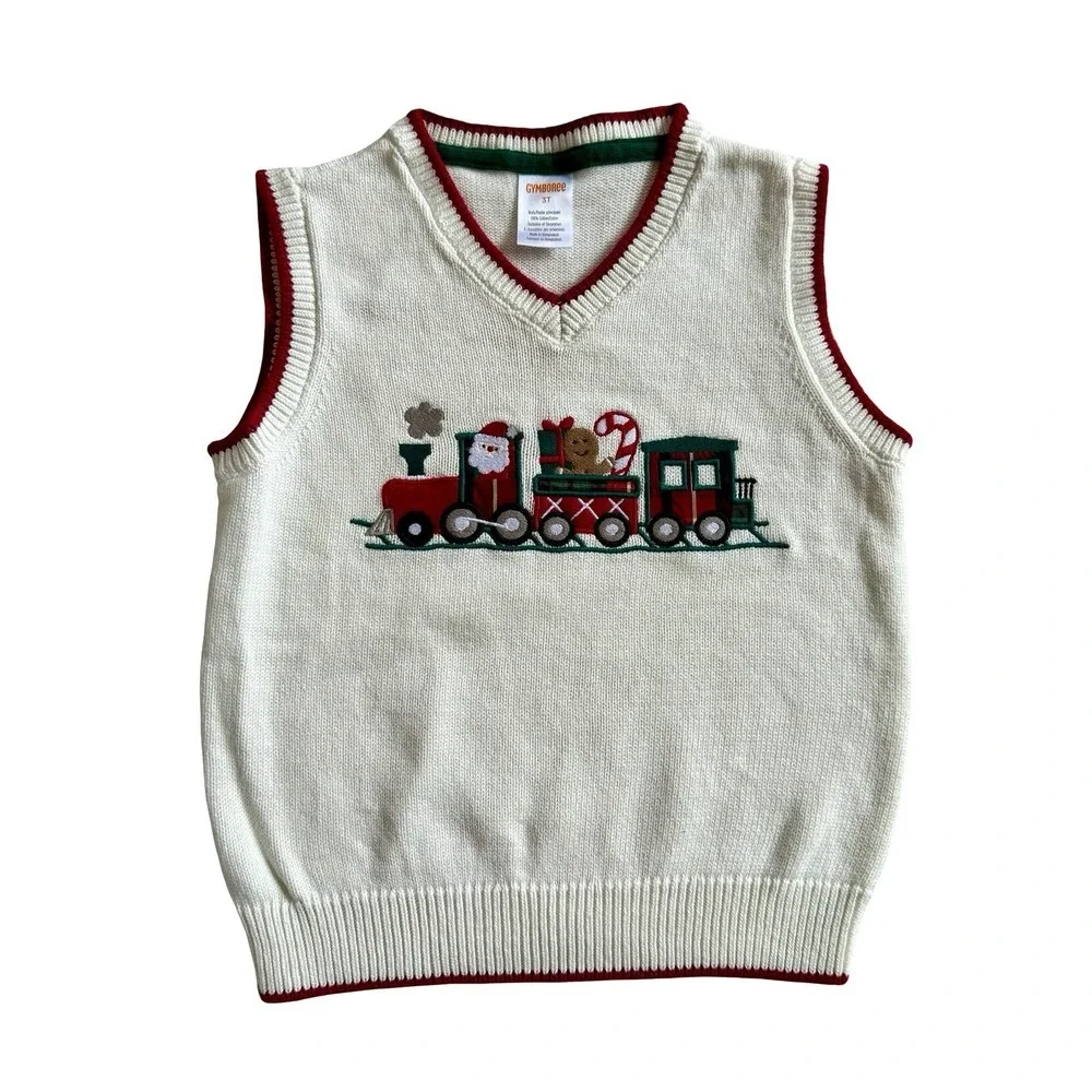 Gymboree Kids Embroidered Sweater Vest Ivory Christmas Santa Train Boys 3T